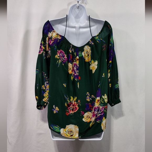Anthropologie Maeve Floral Tallie Cold Shoulder Silk Blouse Womens XS Green 90s - Picture 7 of 12